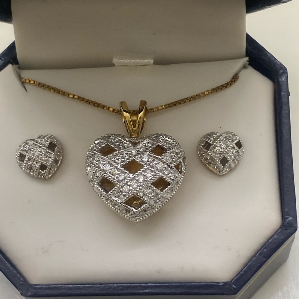 18K/SS Puff Heart CZ Set 0.75 cttw.